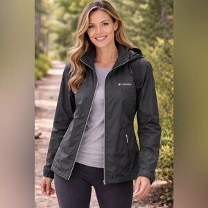 Columbia Lightweight Rain Jacket L Black Hooded Zip Windbreaker